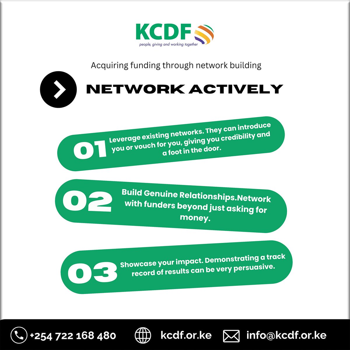 We support partner organisations to build relationships that enhance funding opportunities and amplify collective impact. Active networking keeps you informed about new funding opportunities, grants, and investment trends, giving you a competitive edge.  #kcdfimpactingcommunities