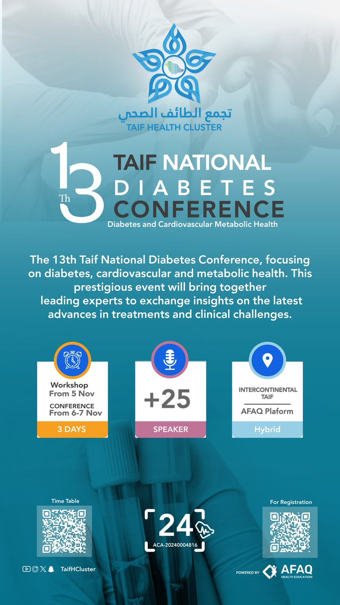 إعلان | 📢

للتسجيل في مؤتمر الطائف الوطني الثالث عشر للسكري 
تحت شعار "السكر والصحة القلبية الأيضية"

afaq-lms.com/ar/one-courses…

🗓️ أيام المؤتمر: الأربعاء والخميس | 6-7 نوفمبر 2024
📍 المكان: فندق إنتركونتيننتال - الطائف
📜 الاعتماد: 24 ساعة CME
