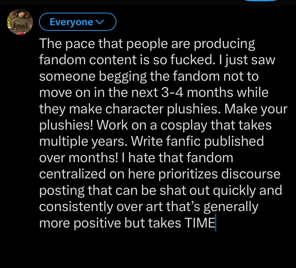 I sometimes feel like I’m not participating in fandom because I’m not making daily posts about it, but I am and I do! Its just that my art (cosplay) takes time and I won’t rush it just to keep up with the ridiculous pace that things are moving at