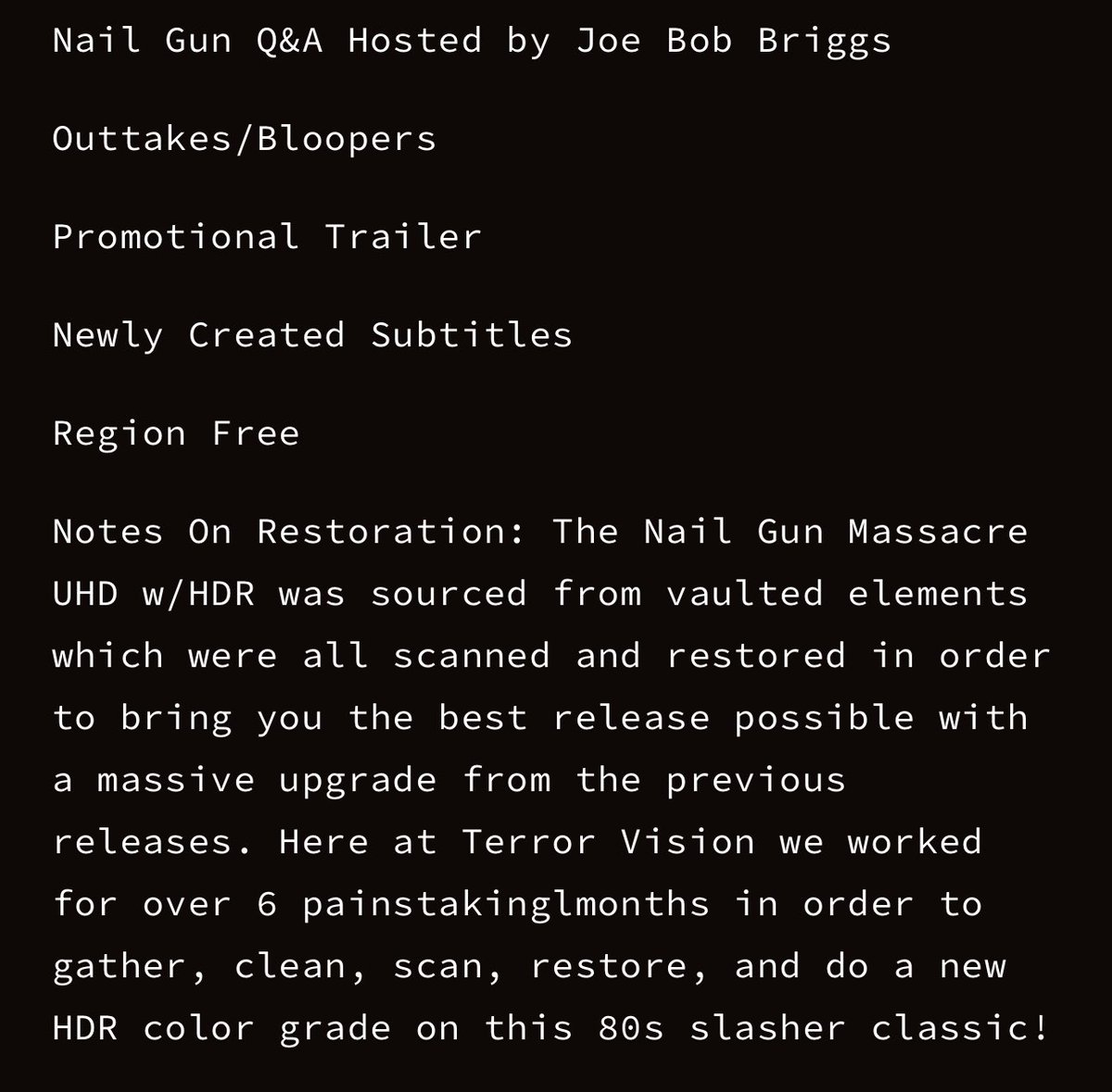 BradFHenderson's tweet photo. Our release of NAIL GUN MASSACRE includes previous restorations as well as our new. Also includes every extra feature ever produced for previous releases as well as a ton of newly produced pieces and interviews. 

https://t.co/vrHB2pf2bE https://t.co/l3zIQOQ8i3