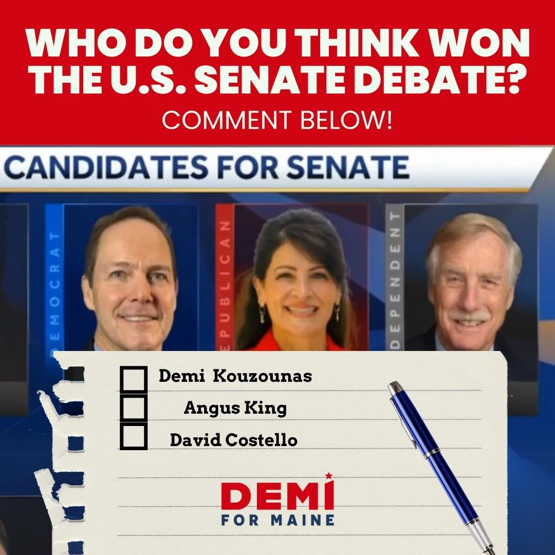 DemiforSenate's tweet photo. Last night, I took the debate stage to share my vision for Maine’s future. 🗽💪 Who do you think won the debate? Comment below! I’m here to represent Maine, and I’m ready to bring real change to Washington! #USSenateDebate #MaineDeservesBetter #VoteDemi https://t.co/K7aSUeuFvY