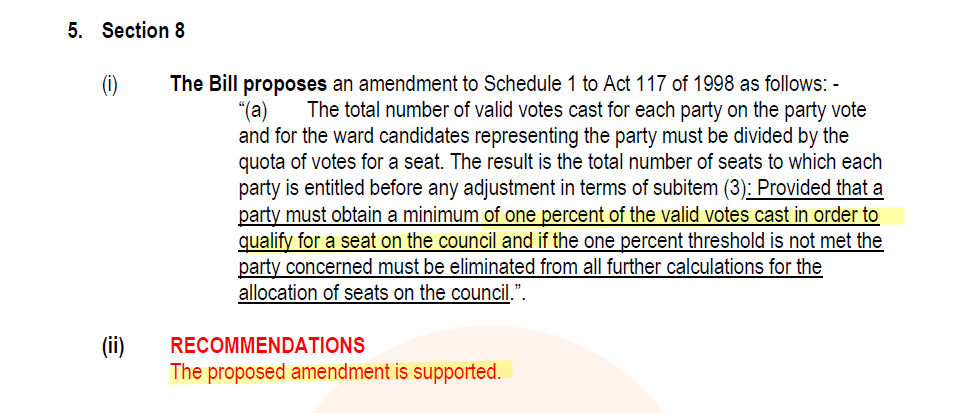 atkinsmike1's tweet photo. The Municipal Structures Amendment Bill seeks, among other things, to impose a 1% #VoteThreshold in councils.

It is clear that the COGTA Dept and SALGA support this principle, without clearly motivating how the removal of most smaller parties would bring stability. https://t.co/X85Wvtg7ng