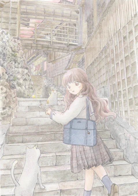 「坂の上に何があるの?」デジタル線画/透明水彩/ウォーターフォード八切り額#融合式 夕暮れは狭間の時間。猫たちに誘われて、古い街並の石段を上った先には何があるの?とても時間をかけて少しずつ線画を進めていった作品です。橋を渡る猫さんが密かにお気に入り。 