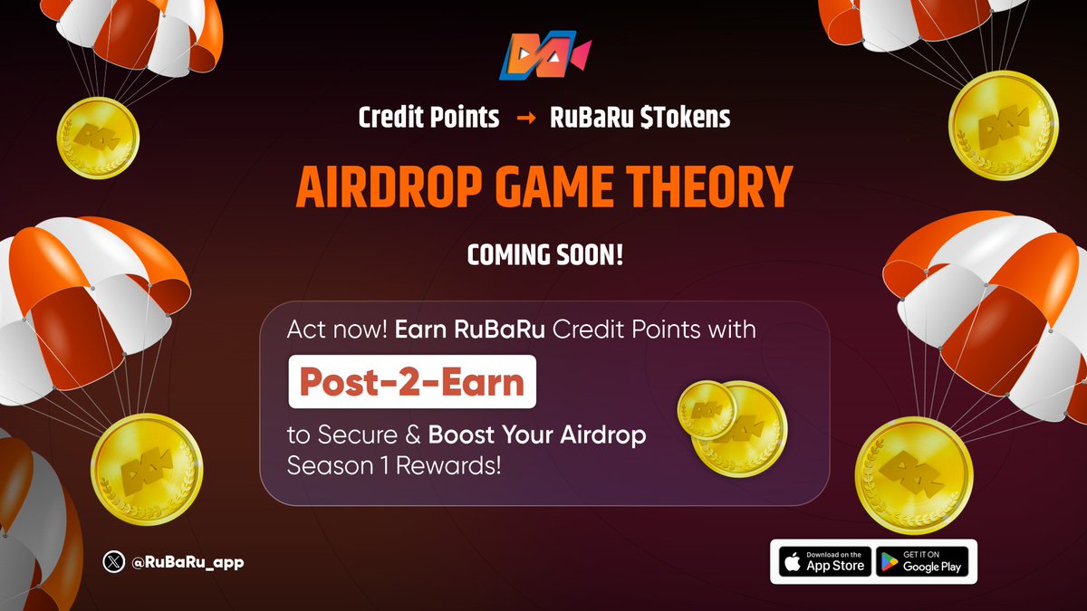 RuBaRu_app's tweet photo. 🚨 Attention 🚨

🌟 Our community has been eagerly asking about the utility of Credit Points, & the moment has finally come to reveal their first purpose! 

We’re drafting one of the biggest #airdrops in the #SocialFi, and your #earned Credit Points are the key🔑 to unlocking your token airdrops🪂!⚡️

Don’t miss out—stay tuned for the Airdrop Game Theory details coming soon! 

In the meantime, keep stacking those Credit Points & be part of the RuBaRu revolution! 🚀

Cheat Code: Start inviting your friends to join you on the #RuBaRu DApp as they help supercharge your Credit Points accumulation! Plus, get ready for some exciting Credit Points #contests coming your way!

Download the RuBaRu iOS/Android DApp : https://t.co/qDAR84aSIE

 #RuBaRu #Airdrop #Crypto #CryptoInvesting #cryptomarket #CryptoNews #Uptober #Bitcoin #BitcoinRecovery #Airdrop #airdropcampaign #AirdropCrypto #Airdrops #ICP #airdropreward #airdropcoins