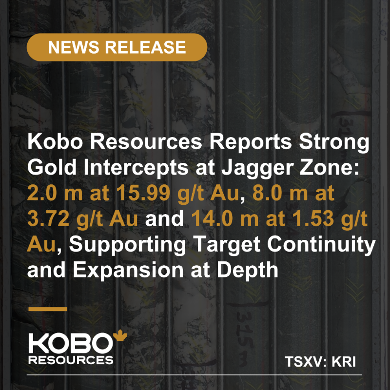 KoboResources's tweet photo. We are excited to report strong #gold intercepts at #JaggerZone, including 2.0m at 15.99 g/t Au & 14.0m at 1.53 g/t Au. These results confirm expanding mineralization at depth. With a 2nd drill mobilizing soon, we’re set to accelerate #exploration at Kossou! 🚀 $KRI #GoldMining
