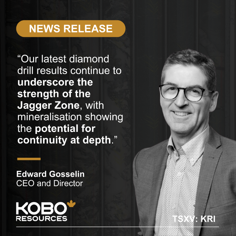 KoboResources's tweet photo. We are excited to report strong #gold intercepts at #JaggerZone, including 2.0m at 15.99 g/t Au & 14.0m at 1.53 g/t Au. These results confirm expanding mineralization at depth. With a 2nd drill mobilizing soon, we’re set to accelerate #exploration at Kossou! 🚀 $KRI #GoldMining