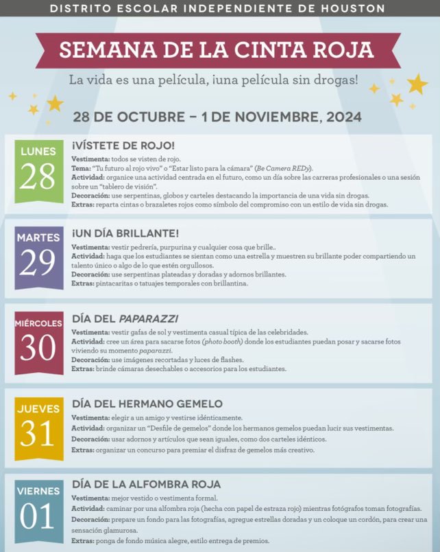 Join the North Forest Counseling Team in celebrating Red Ribbon Week! October 28th-November 1