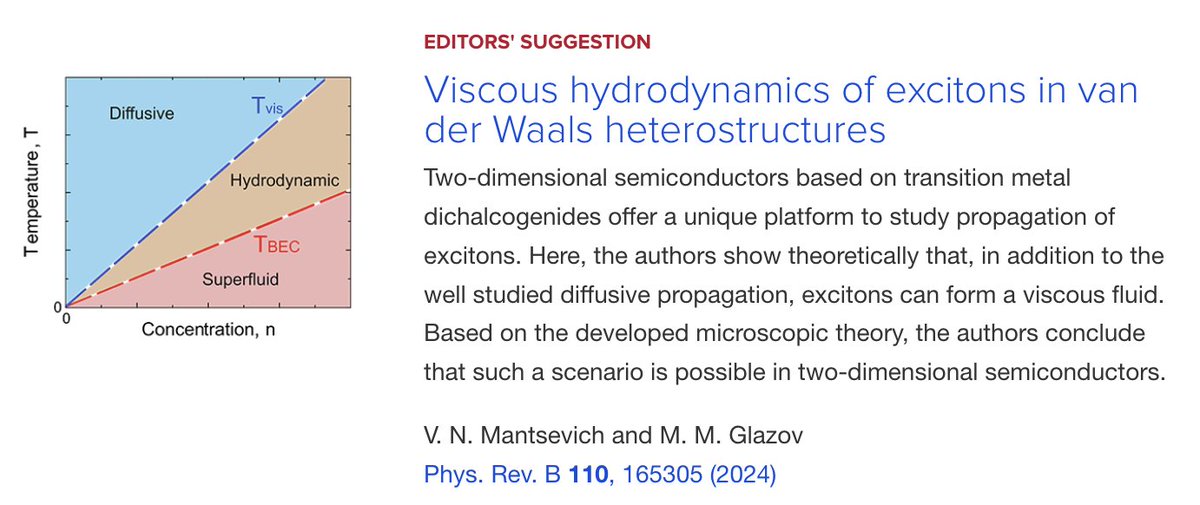 PhysRevB's tweet image. PRB Editors&apos; Suggestion: Viscous #hydrodynamics of #excitons in #VanDerWaals #heterostructures

V. N. Mantsevich and M. M. Glazov
Phys. Rev. B 110, 165305

➡️ go.aps.org/40dKkyL
#EdSugg @APSPhysics #condmat #physics