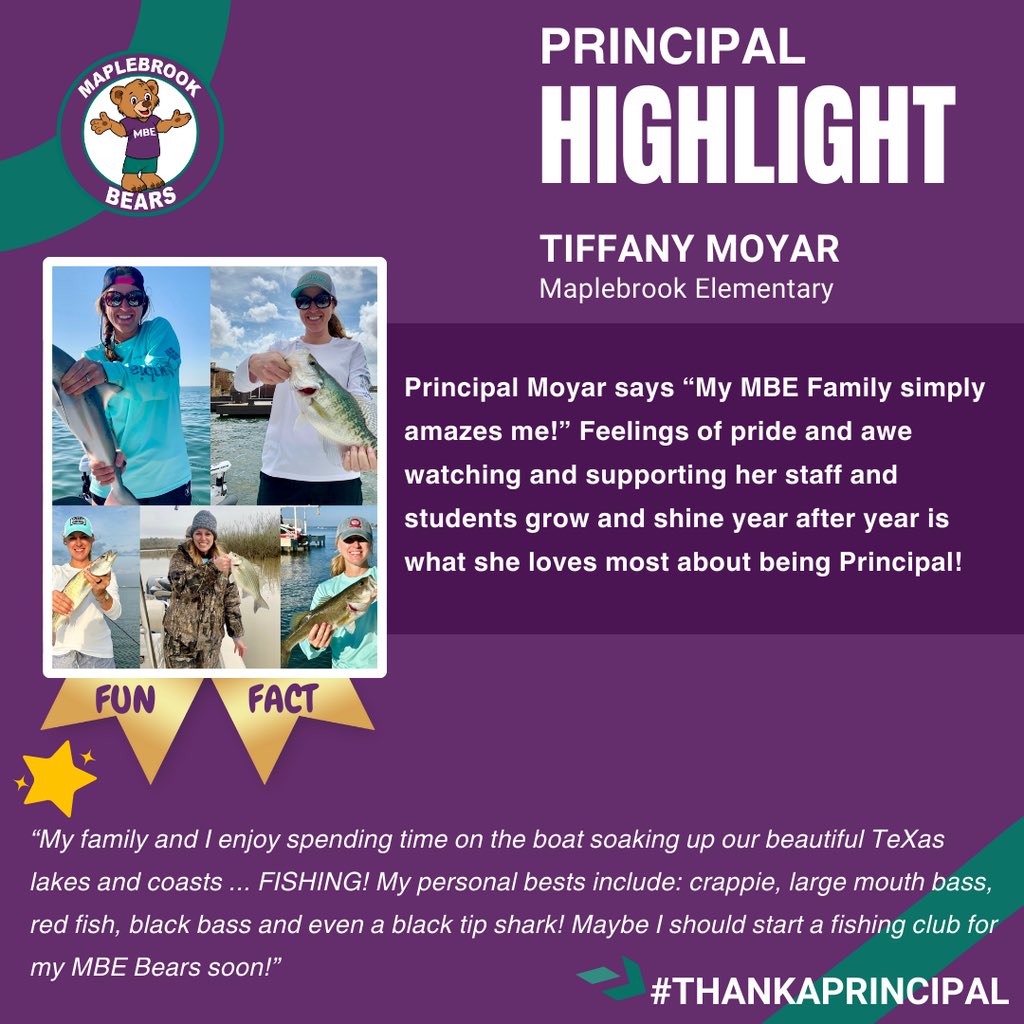 🌟PRINCIPAL HIGHLIGHT🌟 Feelings of pride and awe watching and supporting her <a href="/HumbleISD_MBE/">Maplebrook Elem</a> staff and students grow and shine each year is what Mrs. Moyar loves most about being Principal! Thank You for serving the Bear community! 💜🧸#ShineOn💫 #ThankAPrincipal
