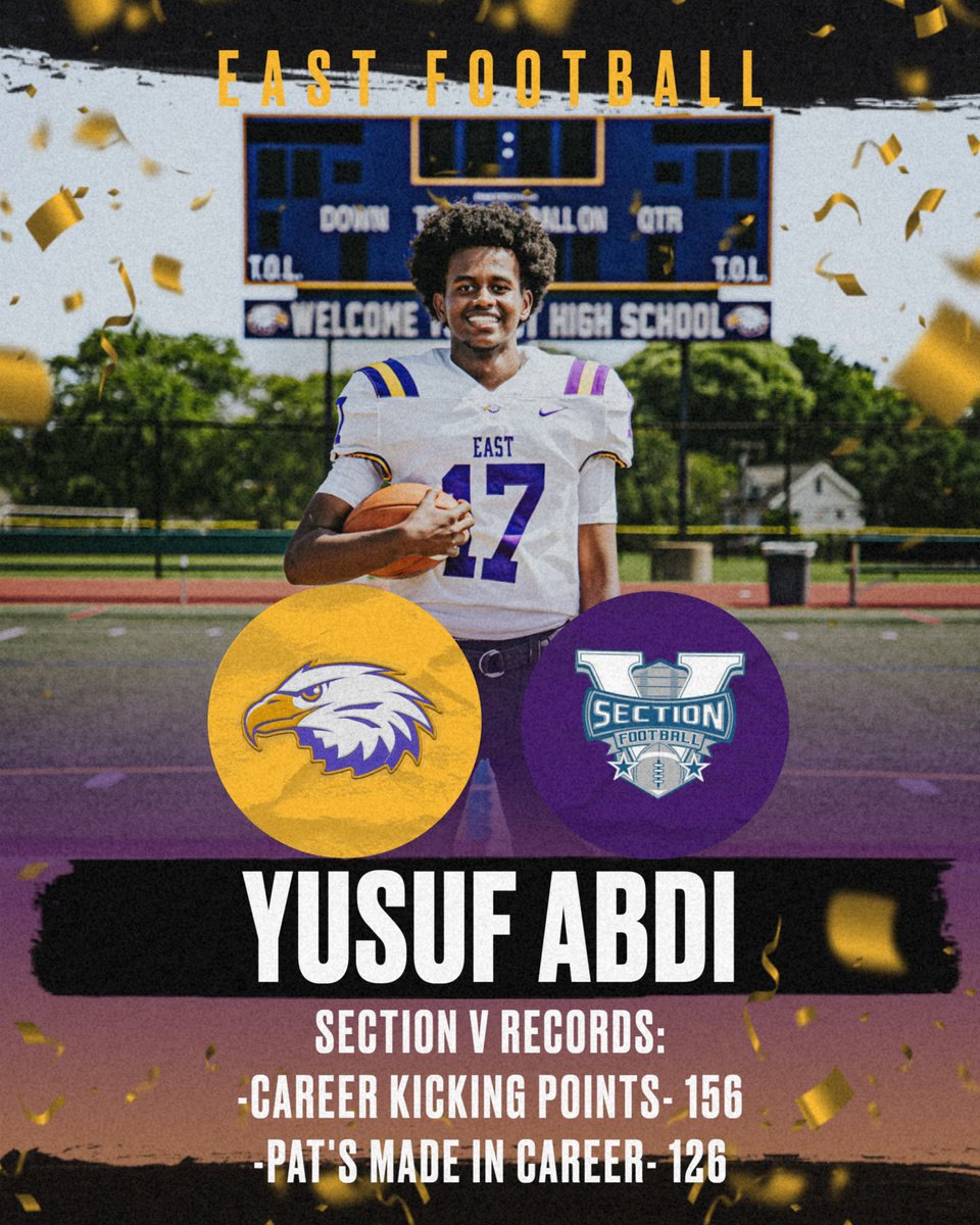 East High Football (@eastfootball585) on Twitter photo Congratulations <a href="/YusufAbdii17/">Yusuf Abdi</a> on breaking <a href="/SecVFootball/">Section V Football</a> records for career kicking points-156, PAT’s made in career-126. 🐐 Congratulations <a href="/YusufAbdii17/">Yusuf Abdi</a> on breaking <a href="/SecVFootball/">Section V Football</a> records for career kicking points-156, PAT’s made in career-126. 🐐
