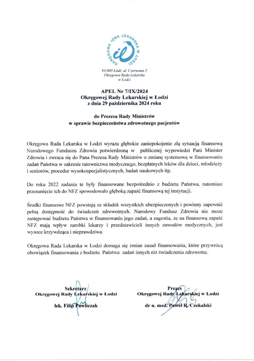 ORL w Łodzi reaguje na słowa MZ.
Próby tłumaczenia zapaści finansowej płatnika i systemu zarobkami lekarzy i przedstawicieli innych zawodów medycznych są wysoce krzywdzące i nieprawdziwe podczas gdy główny powód tej sytuacji leży gdzie indziej!