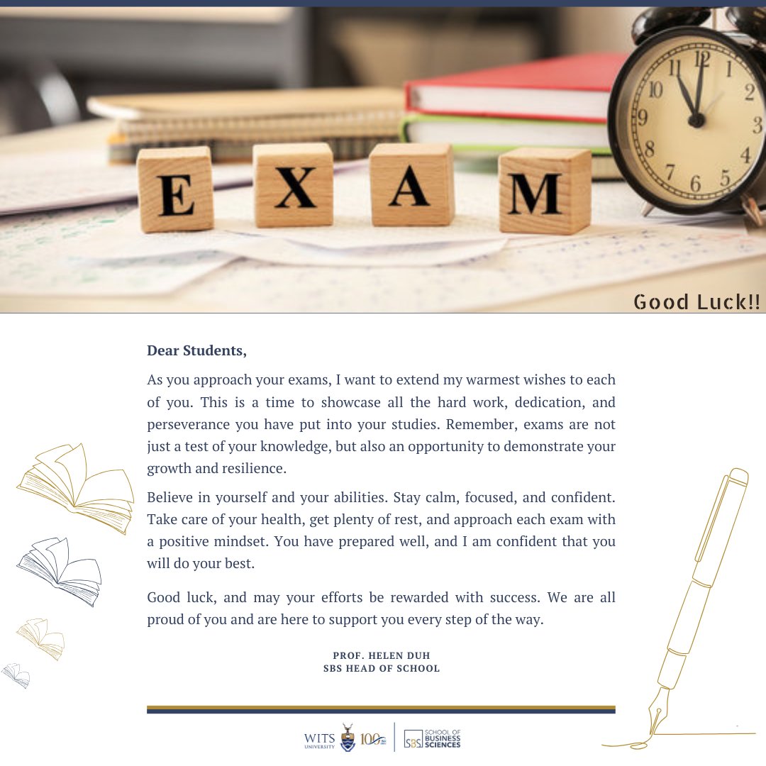 The Head of School extends best wishes for success in the upcoming examinations.
📚🎓🤩

If you are finding it challenging to manage your exams, please read here: shorturl.at/MaYib

#WitsForGood
#GoodLuck