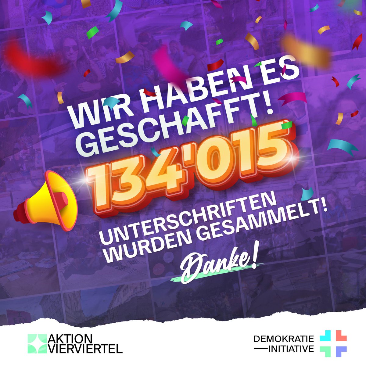 Aktion Vierviertel (@avierviertel) on Twitter photo Wir haben es geschafft: Die Demokratie-Initiative kommt zustande! ๐ฅณ In den letzten drei Monaten haben wir 50โ000 Unterschriften gesammelt. Danke allen fรผr diesen unglaublichen Einsatz! ๐ Am 21. November reichen wir ein, sei dabei ๐
Medienmitteilung: demokratie-volksinitiative.ch/all-news/geschโฆ Wir haben es geschafft: Die Demokratie-Initiative kommt zustande! ๐ฅณ In den letzten drei Monaten haben wir 50โ000 Unterschriften gesammelt. Danke allen fรผr diesen unglaublichen Einsatz! ๐ Am 21. November reichen wir ein, sei dabei ๐
Medienmitteilung: demokratie-volksinitiative.ch/all-news/geschโฆ