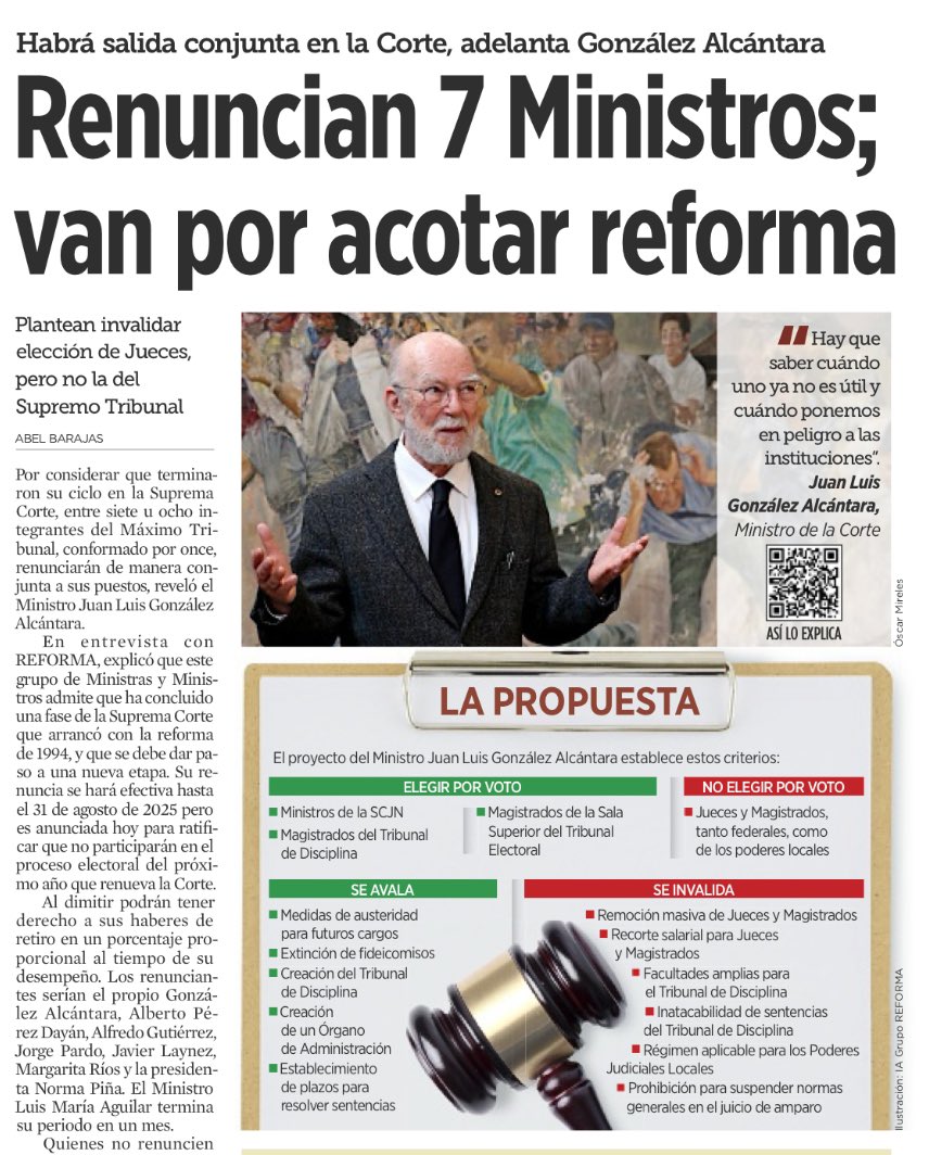 JoseMarioMX's tweet photo. 🧵 Renuncia de Ministros de la @SCJN y sus Implicaciones para el Estado de Derecho en México

1. La renuncia conjunta de 7 ministros de la Suprema Corte de Justicia de la Nación (SCJN) es mucho más que un cambio de guardia en el tribunal más alto de México. Representa el final de una era, un acto simbólico y una advertencia sobre el estado del Poder Judicial en el país. ¿Por qué renuncian? ¿Qué significa esto para la democracia y el Estado de Derecho? Vamos a desmenuzarlo.

2. Estos ministros consideran que su ciclo terminó. Su renuncia no es casual ni impulsiva: es un acto de autocontención y de ética judicial. Los ministros, encabezados por Juan Luis González Alcántara, han optado por retirarse para evitar una confrontación abierta con el Ejecutivo y no participar en el proceso electoral de 2025 que podría renovar la SCJN en su totalidad.

3. La SCJN actual es heredera de la reforma de 1994, que fortaleció su independencia y profesionalización. Su rol: ser el último defensor de los derechos ciudadanos, un contrapeso clave en la democracia mexicana. La renuncia de estos ministros es, en parte, un rechazo a la reforma judicial que, bajo la 4T, busca politizar el Poder Judicial, permitiendo la elección por voto popular de jueces y magistrados.

4. Con esta renuncia, los ministros pretenden que sus acciones hablen más fuerte que sus palabras. Al dimitir, afirman indirectamente que la reforma actual amenaza la independencia de la justicia, subordinándola a intereses políticos y comprometiendo su capacidad para actuar sin presiones externas.

5. ¿Y qué propone la reforma que tanto preocupa? Entre otras cosas, la elección de jueces y magistrados por voto popular. Esto suena “democrático” pero es una trampa: en realidad, introduce las preferencias políticas en un ámbito que debe ser imparcial, basado en conocimientos técnicos y en la capacidad para impartir justicia, no en popularidad o lealtad al gobierno en turno.

6. En su último acto de servicio, estos ministros buscan invalidar parcialmente la reforma: proponen que solo los ministros y magistrados electorales se elijan por voto, preservando el proceso meritocrático para jueces y magistrados. La justicia necesita profesionalismo, no influencias políticas ni votos para ser justa y eficaz.

7. Al salir juntos, los ministros lanzan una advertencia: sin un Poder Judicial autónomo, la democracia misma se debilita. Un Poder Judicial subordinado es una puerta abierta al abuso, y sin independencia judicial, los derechos de todos están en juego. Este es un momento de quiebre para el país.

8. La frase de González Alcántara —“Hay que saber cuándo uno ya no es útil y cuándo ponemos en peligro a las instituciones”— es una declaración de principios. No buscan aferrarse al cargo; buscan proteger a la Corte y su legado. Saben que su salida abre el camino a una Corte alineada con el Ejecutivo, pero prefieren retirarse con dignidad.

9. Este acto es, en esencia, un grito ético: dejar la Corte antes de verla politizada y convertida en un instrumento de control. Es una protesta silenciosa, una lección de responsabilidad institucional. Si no hay un contrapeso en el Poder Judicial, la democracia se transforma en una figura hueca, en una estructura sin esencia.

10. La renuncia de estos ministros quedará en la historia como una advertencia a México: la independencia de la justicia es el pilar que sostiene al Estado de Derecho. Si perdemos este pilar, perdemos nuestra protección ante los abusos de poder. La pregunta ahora es: ¿Qué hará México para proteger el último bastión de su democracia?