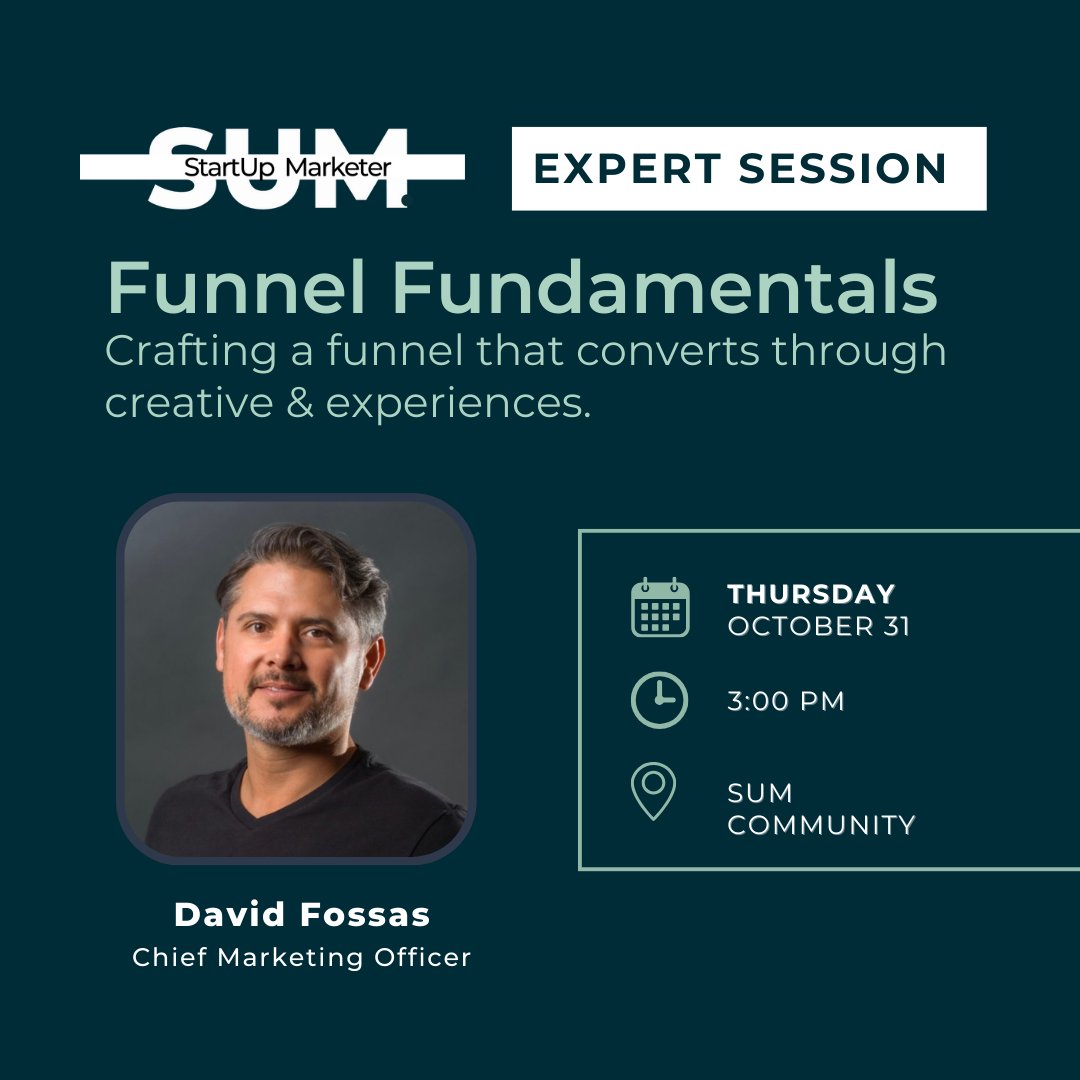 Join us at 3 pm ET on Halloween for an expert session with David Fossas on mastering the funnel journey from start to finish.

Learn the strategic imperatives of each funnel stage, the metrics that matter, and how to speak C-Suite's language.

RSVP 👉 community.thestartupmarketer.com/posts/66962649…