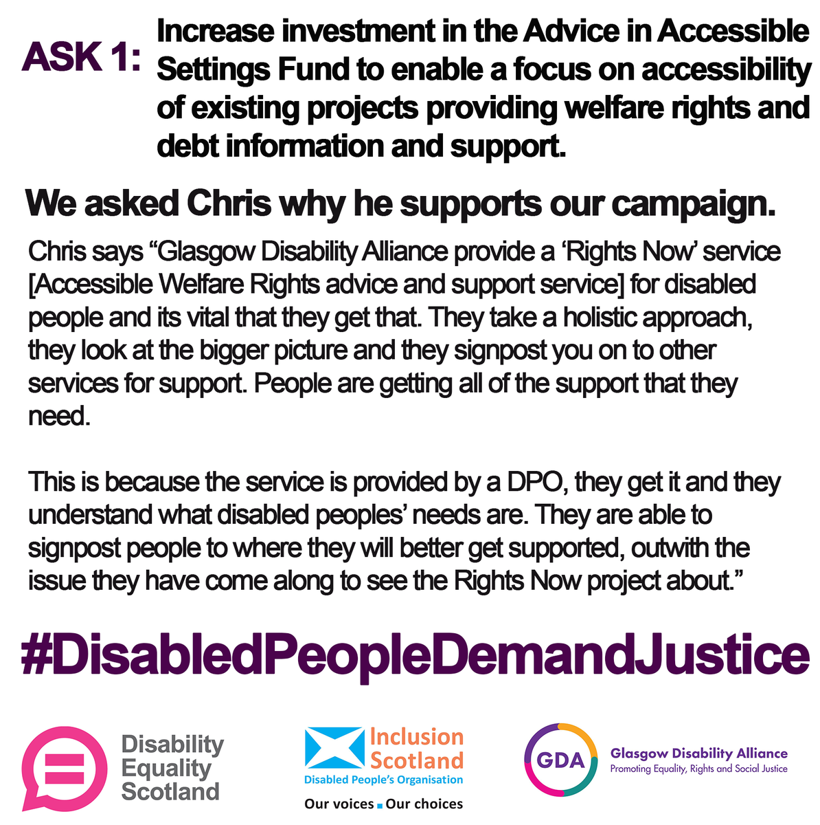 #DPOs <a href="/DEScotTweets/">Disability Equality Scotland</a> <a href="/GDA__online/">Glasgow Disability Alliance</a> <a href="/InclusionScot/">Inclusion Scotland</a>  have 3 asks they would like <a href="/scotgov/">Scottish Government</a> to commit to in the strengthened Disability Equality Plan. Here is Chris, DPO member talking about Ask 1/ Investing further in existing Advice in Accessible Settings.