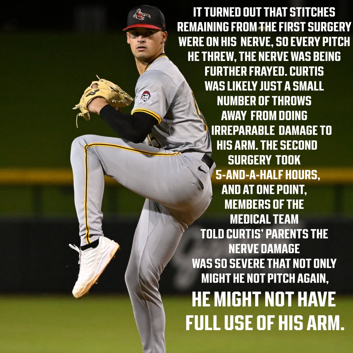"The fact that Khristian Curtis is throwing from any mound at all is somewhat amazing."

Pittsburgh's No. 27 prospect is in the Arizona Fall League and feeling fortunate: atmlb.com/3C0dVlf