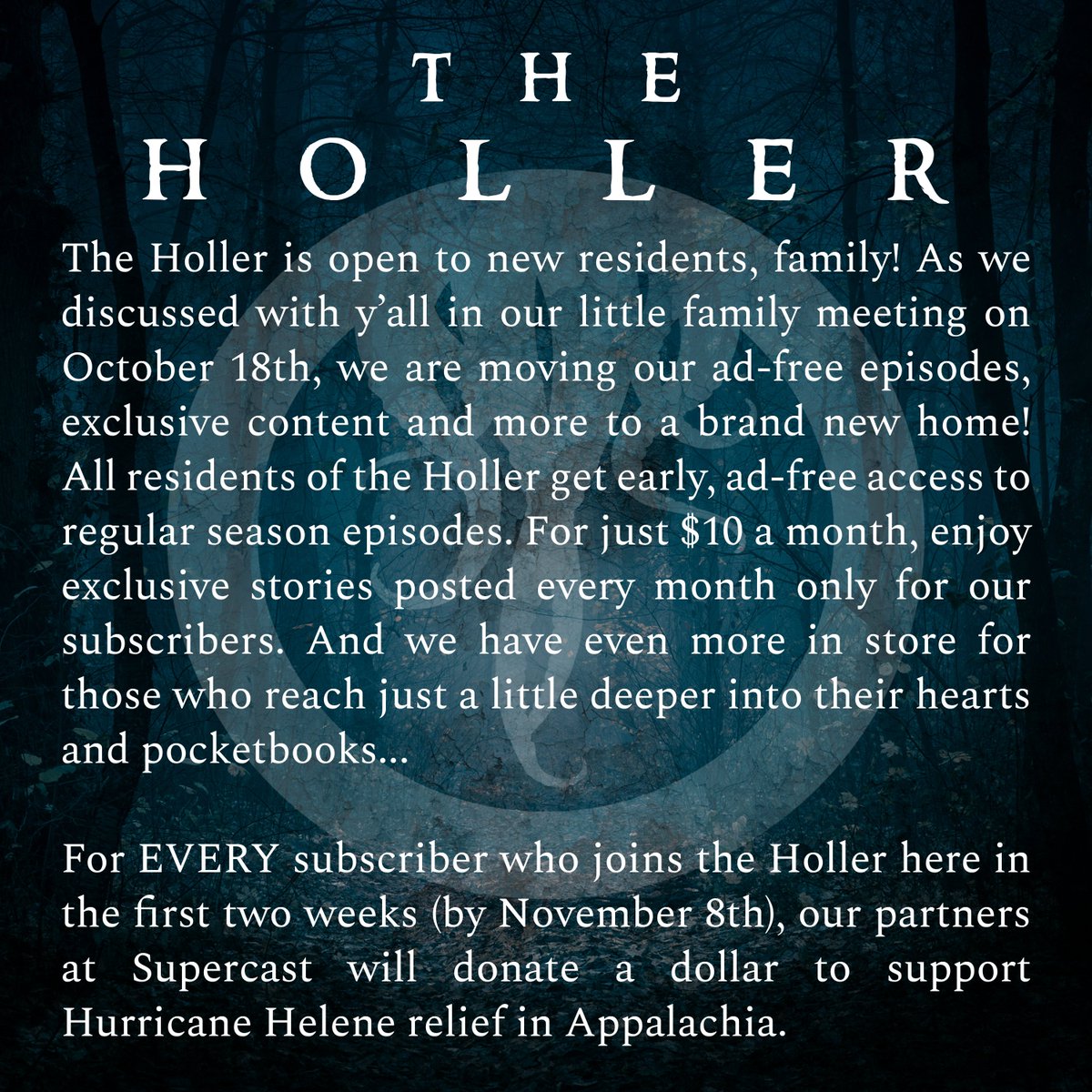 If you're a currently a subscriber on Patreon, it's easy to migrate your account. Head on over there and log in for detailed instructions.

If you're new to the family, just pop on over to oldgodsofappalachia.com/theholler to sign up today!