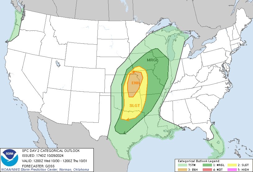 12:42pm CDT #SPC Day2 Outlook Enhanced Risk: across portions of northwestern Missouri, eastern Kansas, and northeastern Oklahoma spc.noaa.gov/products/outlo…