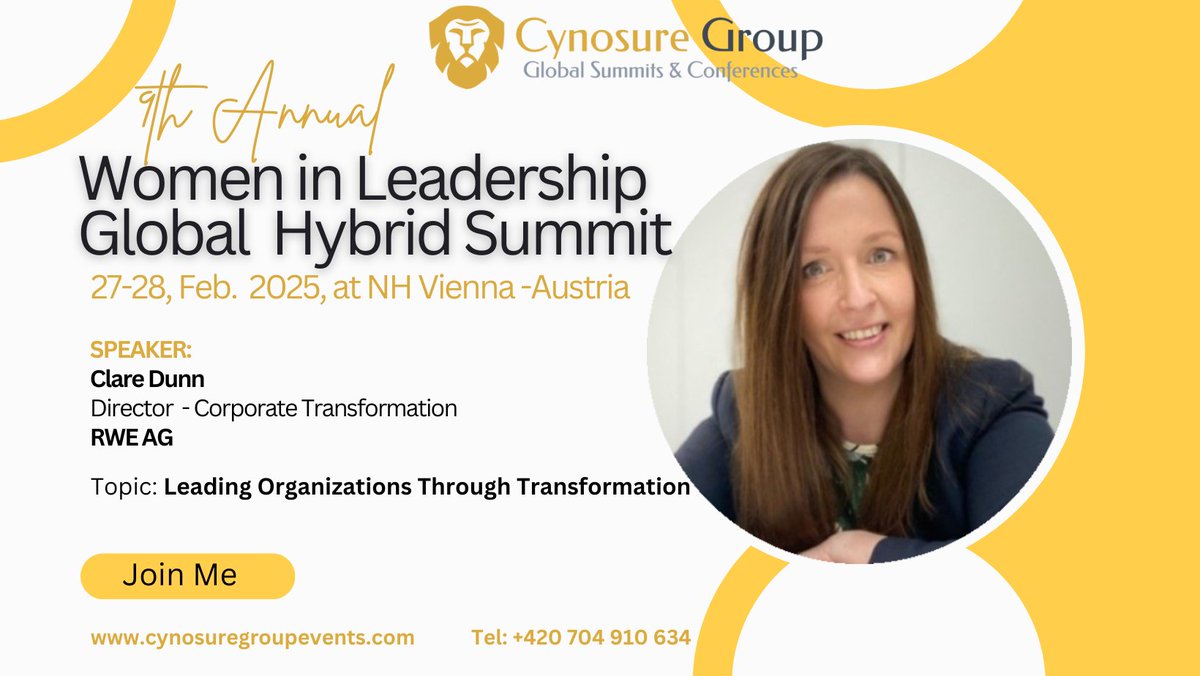 We are delighted to announce Clare Dunn, Director of Corporate Transformation at RWE AG, as a Keynote Speaker at our upcoming 9th Annual Women in Leadership Global Hybrid Summit| 27-28 Feb. 2025. #Register now to secure your space: cynosuregroupevents.cz/2024/07/16/9th… #LeadershipDevelopment