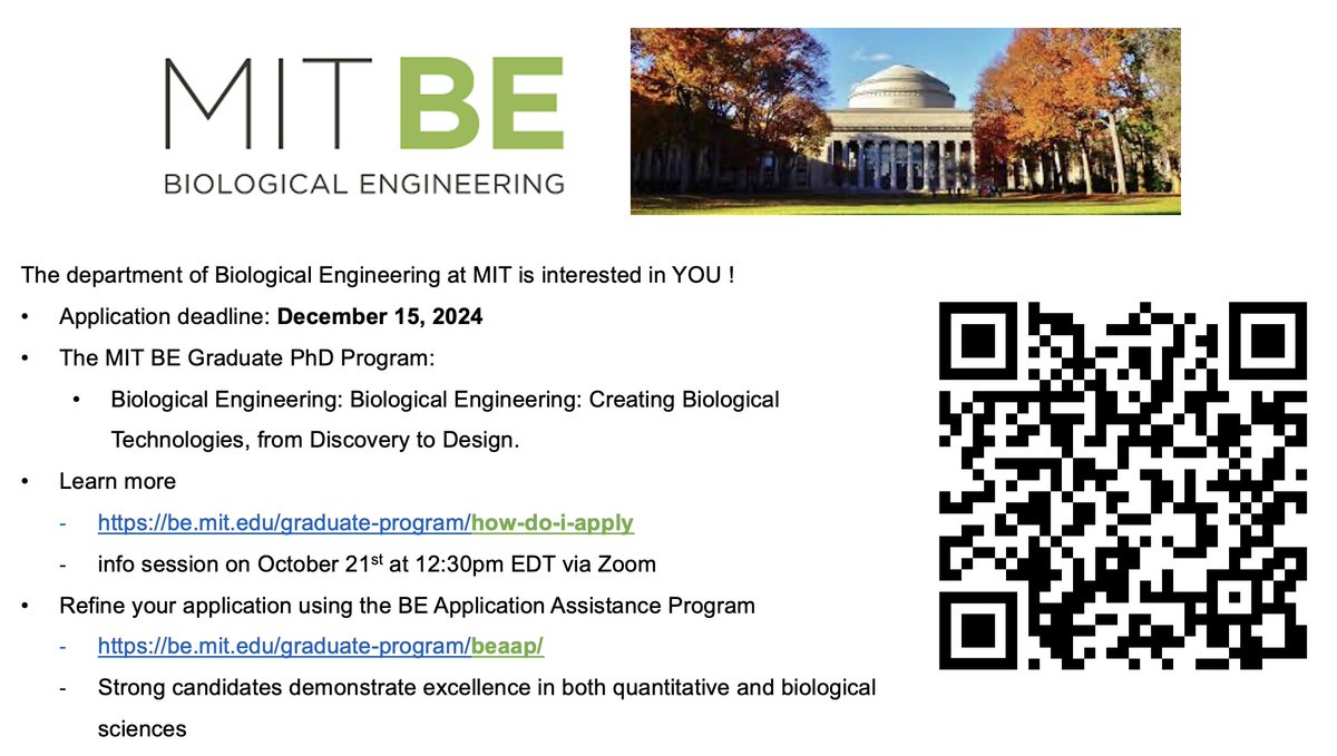 Jessica Stark (@jessicacstark) on Twitter photo We are accepting applications to join our 2025 PhD cohort at <a href="/MITdeptofBE/">MIT Dept of BE</a>! Learn more about the program, application process, and opportunities for application assistance below. Please share with junior scientists interested in the interface of #biology and #engineering! 🧫🧬🧑‍🔬 We are accepting applications to join our 2025 PhD cohort at <a href="/MITdeptofBE/">MIT Dept of BE</a>! Learn more about the program, application process, and opportunities for application assistance below. Please share with junior scientists interested in the interface of #biology and #engineering! 🧫🧬🧑‍🔬