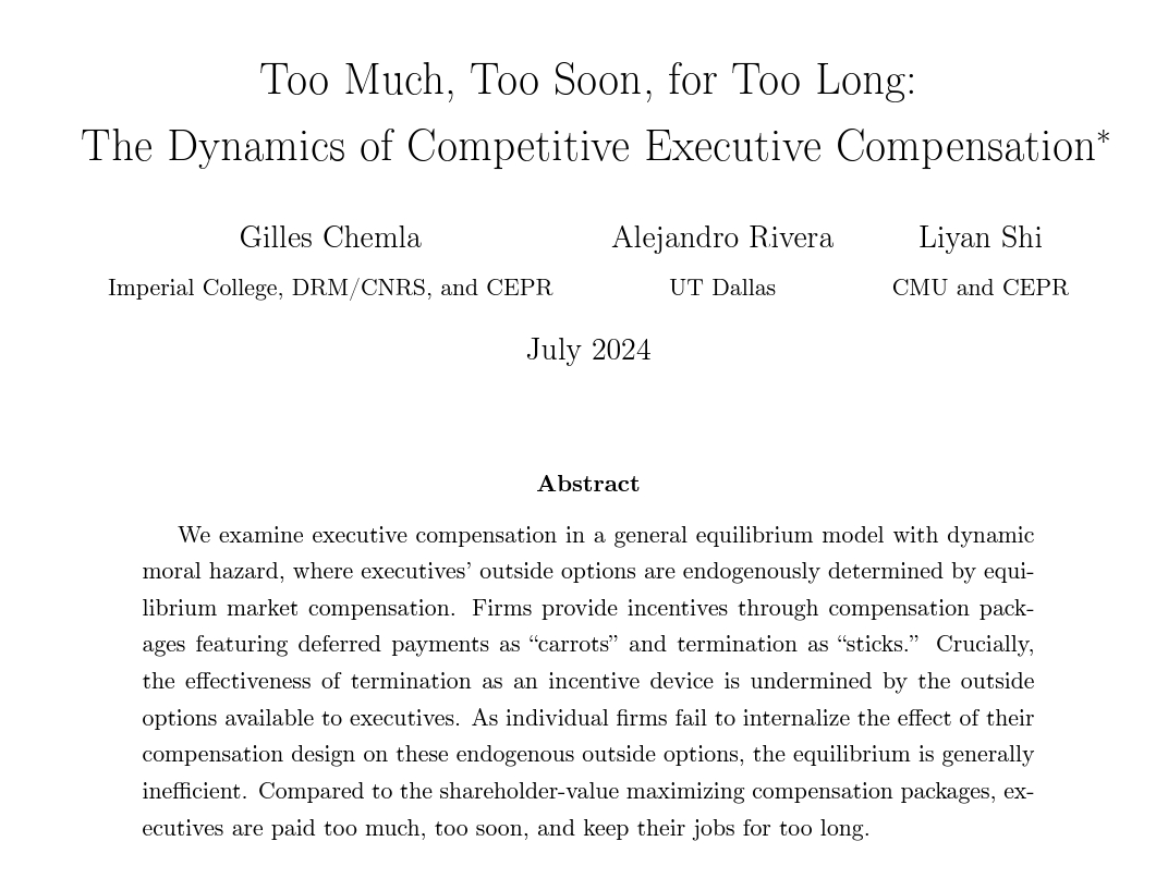 "Compared to the shareholder-value maximizing compensation packages, executives are paid too much, too soon, and keep their jobs for too long."
cepr.org/publications/d…