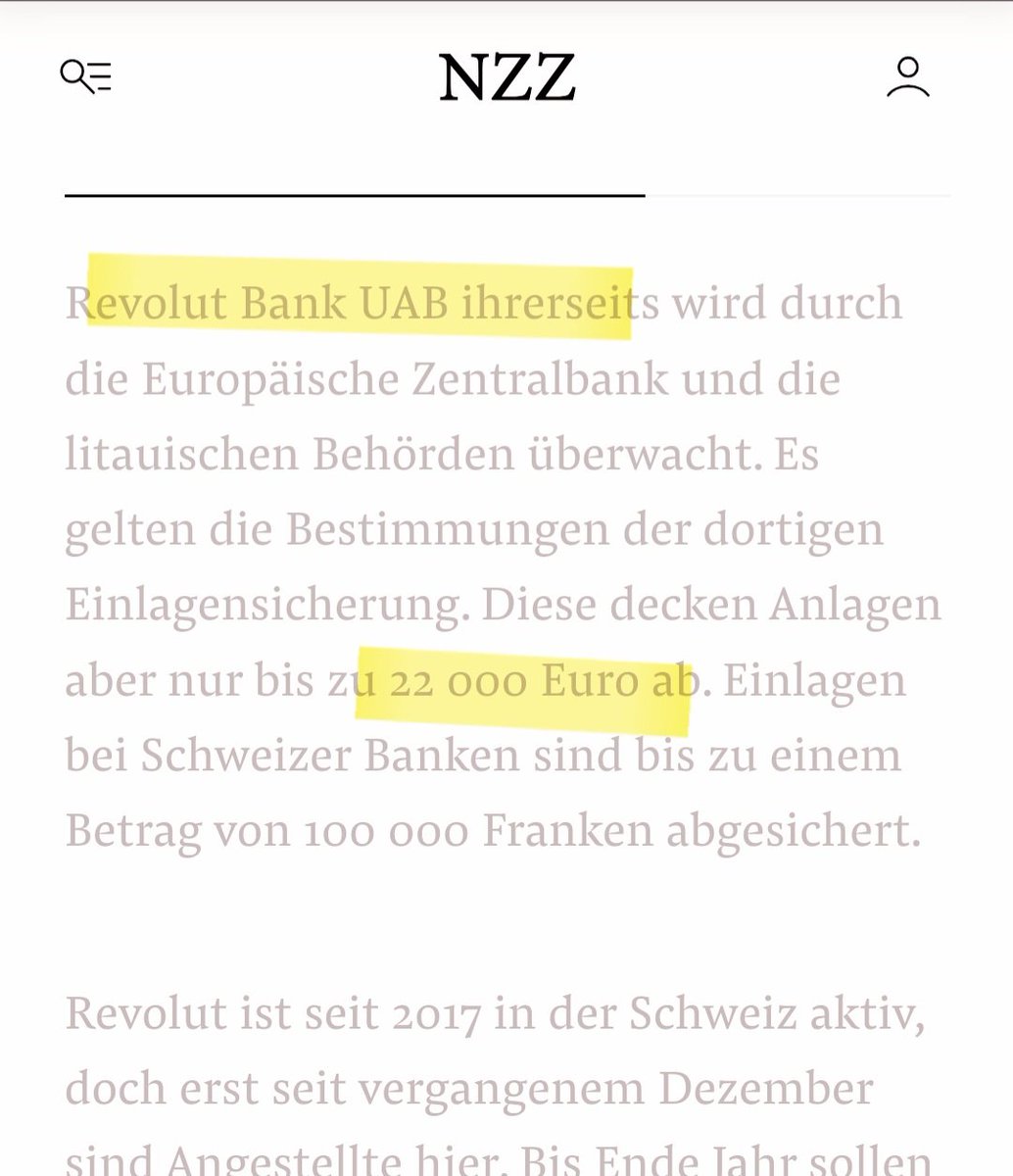 Was der <a href="/NZZ/">NZZ</a> schietegal ist, weil es bequem ist, fallen Details unter den Tisch. Das <a href="/RevolutApp/">Revolut</a>-Zahlkonto führt Revolut Bank UAB mit Einlagenschutz von EUR 100k. Das Anlagekonto (Invest) bei Revolut Securities Europe UAB hat hingegen eingeschränkten Schutz.
 <a href="/maxkarpis/">Max Karpis</a>