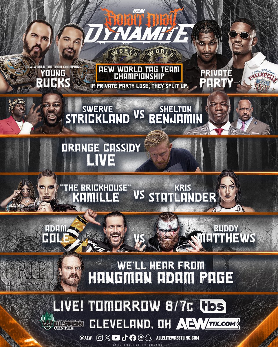 AEW's tweet photo. TOMORROW!

Don't miss the massive @AEWonTV show for Halloween week, Fright Night #AEWDynamite LIVE at 8pm ET/7pm CT on @TBSNetwork! https://t.co/Utc0hvByzX