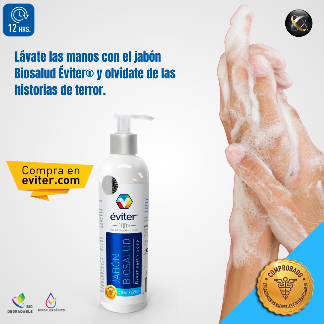 ¡No dejes que 'El fantasma de las manos sin lavar' te persiga! 👻🧼 El jabón Biosalud Éviter es biodegradable y contiene nanotecnología que elimina virus, hongos y bacterias, ayudando no solo a la desinfección diaria, sino también a limpiar heridas expuestas o simples. 🫧