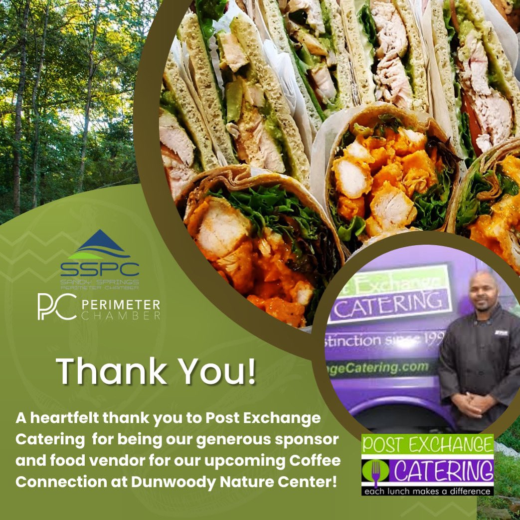 🌟 A huge shoutout to <a href="/postexchange/">PostExchangeCatering</a> ! 🌟 We’re so grateful for your support as a member, sponsor, and food vendor for our Coffee Connections networking event tomorrow at the beautiful <a href="/DunwoodyNature/">Dunwoody Nature Center</a>. 

#CoffeeConnections #Networking #CommunityLove #ThankYou