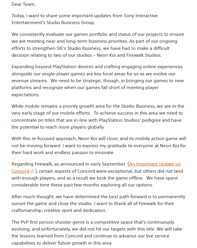 Wario64's tweet image. Sony has closed Neon Koi and Firewalk Studios.

Concord has permanently shut down. 

Full internal email from Herman Hulst sonyinteractive.com/en/news/blog/a…