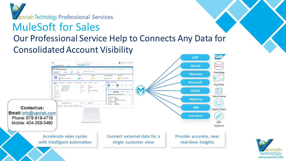 VanrishTech's tweet image. MuleSoft empowers your Sales data foundation and drives Customer 360 for Sales. Our Team enhances data integration for quicker sales, elevating productivity and business results with a Complete Customer 360.  #MuleSoft #Sales #DataIntegration #Customer360 #AI