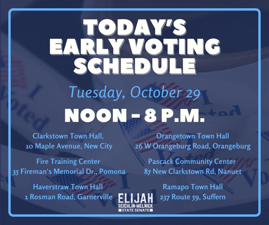 🗳️ Early Voting Today! 🗳️

You can stop by any of these polling locations between noon and 8 p.m. Make your voice heard. It's not too late to volunteer with my campaign. 
If you are interested, send me a DM! #vote #vote2024