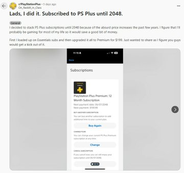 AlertesInfos's tweet photo. 🎮 Insolite : un joueur PlayStation a dépensé 2000$ pour s’abonner au PS Plus pendant 24 ans. Il explique en avoir eu assez de subir les augmentations de prix de ces dernières années. Il devra renouveler son abonnement... en 2048. (JV) https://t.co/xLsarrDFHr