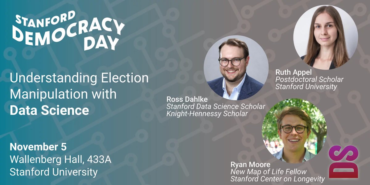 One week until Election Day! If you're around the Stanford campus next Tuesday, join <a href="/rutheappel/">Ruth Appel</a> @ryanmooreinfo and me for our "Data Science &amp; Democracy Day" presentation hosted by <a href="/StanfordData/">Stanford Data Science</a> datascience.stanford.edu/events/seminar…