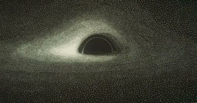 The first simulated image of a black hole, calculated with an IBM 7040 computer using 1960 punch cards and hand-plotted by French astrophysicist Jean-Pierre Luminet in 1978.