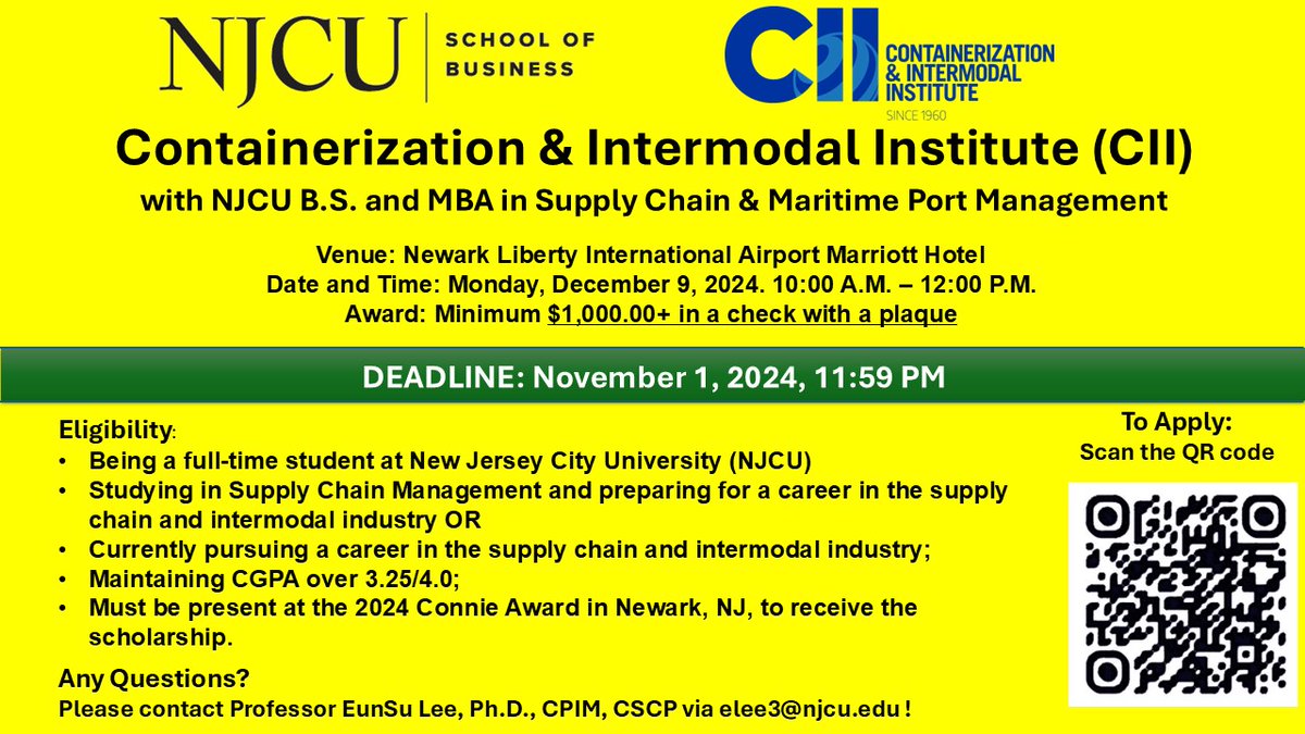 NJCU School of Business (@njcubusiness) on Twitter photo Greetings NJCU Students,
Please see the following information on the 2024 Connie Award - Student Scholarship. For more information, please contact Dr. EunSu Lee: elee3@njcu.edu.
Deadline: November 1st, 2024; 11:59PM
forms.gle/og8hCKd8RrwU95… Greetings NJCU Students,
Please see the following information on the 2024 Connie Award - Student Scholarship. For more information, please contact Dr. EunSu Lee: elee3@njcu.edu.
Deadline: November 1st, 2024; 11:59PM
forms.gle/og8hCKd8RrwU95…