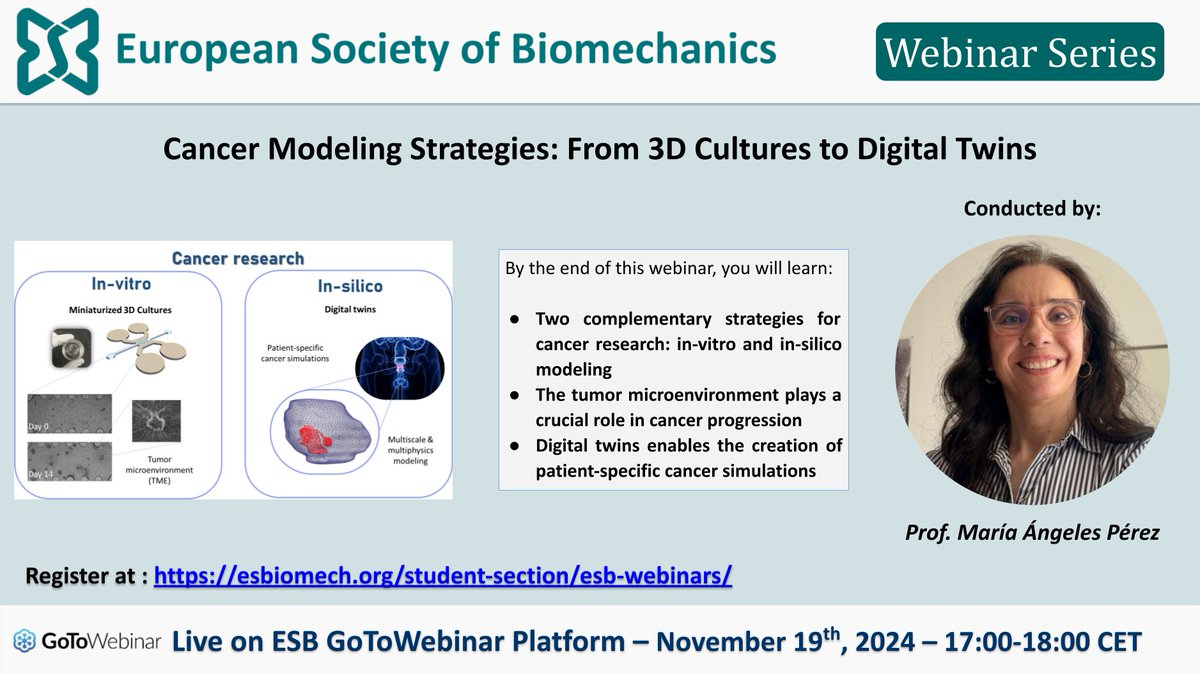 European Society of Biomechanics (@esbiomech) on Twitter photo Are you interested in Cancer Modeling Strategies?? 🔬💻
Don't miss the next webinar on Tuesday 19/11 by <a href="/mangelespa/">MAngeles Pérez</a> !!
Register here: esbiomech.org/student-sectio… Are you interested in Cancer Modeling Strategies?? 🔬💻
Don't miss the next webinar on Tuesday 19/11 by <a href="/mangelespa/">MAngeles Pérez</a> !!
Register here: esbiomech.org/student-sectio…