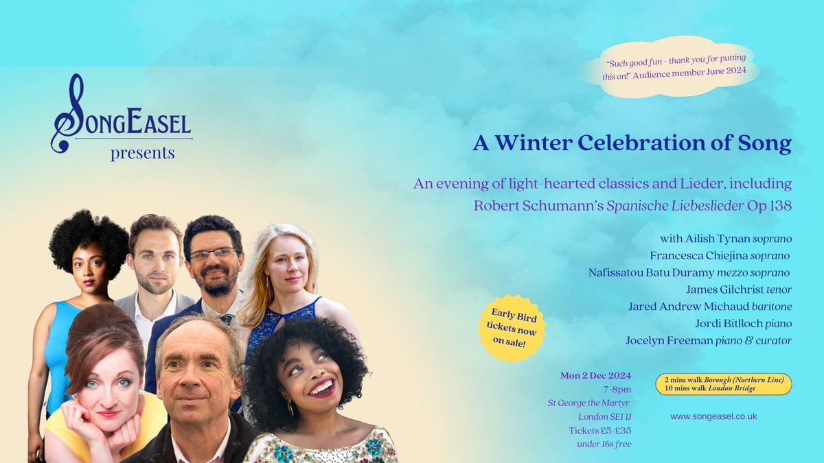 We are thrilled to present one more recital this year: an evening of light-hearted classics &amp; Lieder on 2/12 🎶 incl. Robert Schumann’s 'Spanische Liebeslieder' Op 138 for four singers &amp; piano duet.

Get your Early Bird tix here! 🎟️ …EaselWinterCelebration.eventbrite.com
#Lieder #whatsonlondon