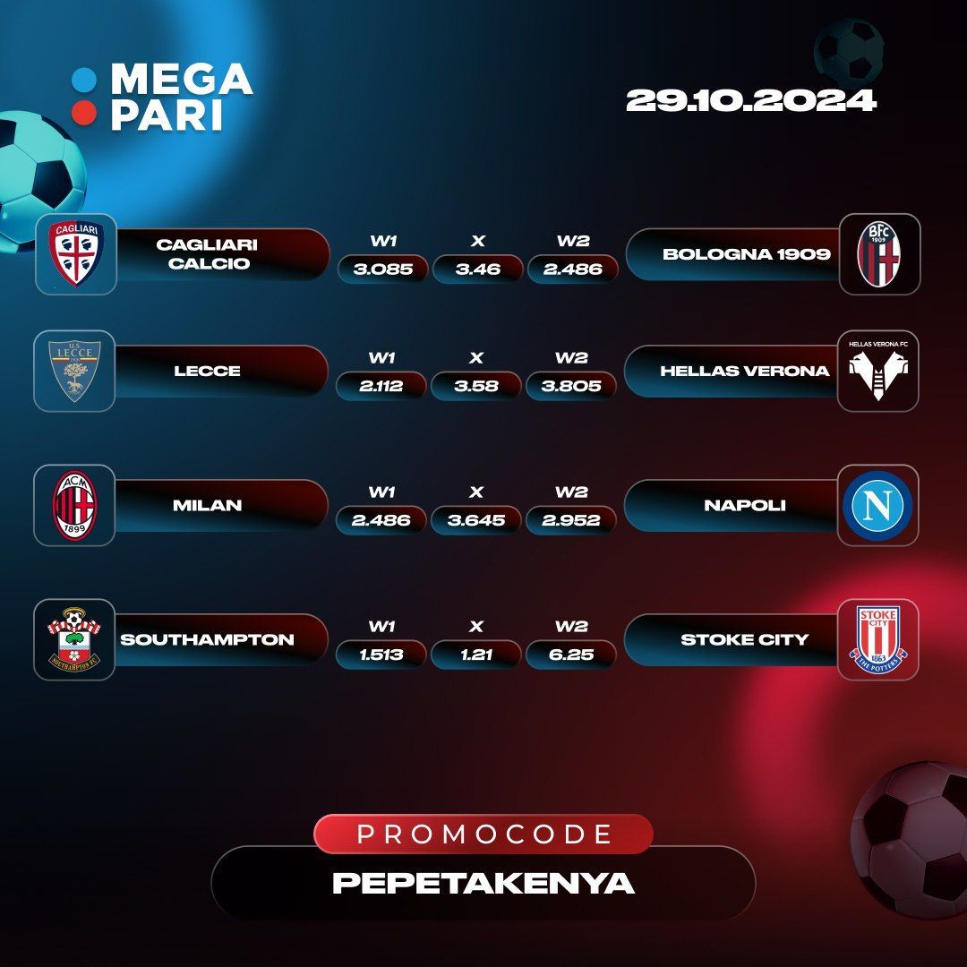 pepeta_ke's tweet photo. Bet on;
πΈ Bologna Win
πΈ Lecce v Verona-Over 1.5 Goals
πΈ AC Milan v Napoli-Over 2.5 Goals
πΈ Southampton Win
Register and Bet<> https://t.co/h6OpPxkFaN
Promo Code: PepetaKenya
#Pepeta #SerieA #Napoli #ACMilan #TenHag #Almorim https://t.co/7r2RI07ech