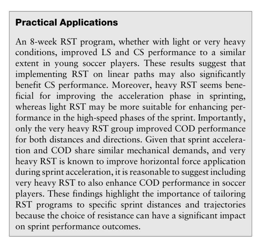 New paper out ⚠️

Evaluating the effects of light vs very heavy RST on multidirectional speed in soccer ⚽️

⚙️Load-specific adaptations for LS
⚡️Better curve sprint times (both)
💥Significant COD benefits for heavy group 

Important to tailor RST 🔍

shorturl.at/LMbSC
