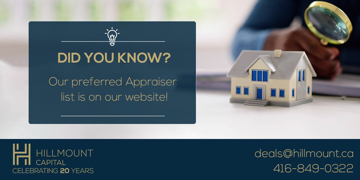Looking for the right appraiser? We've simplified the process. 📝 Our preferred appraiser list is available on our website - use it to streamline your deals and ensure everything is in place. Plan ahead and make it count!
hillmount.ca/broker-resourc… 
#HillmountCapital #PrivateLending