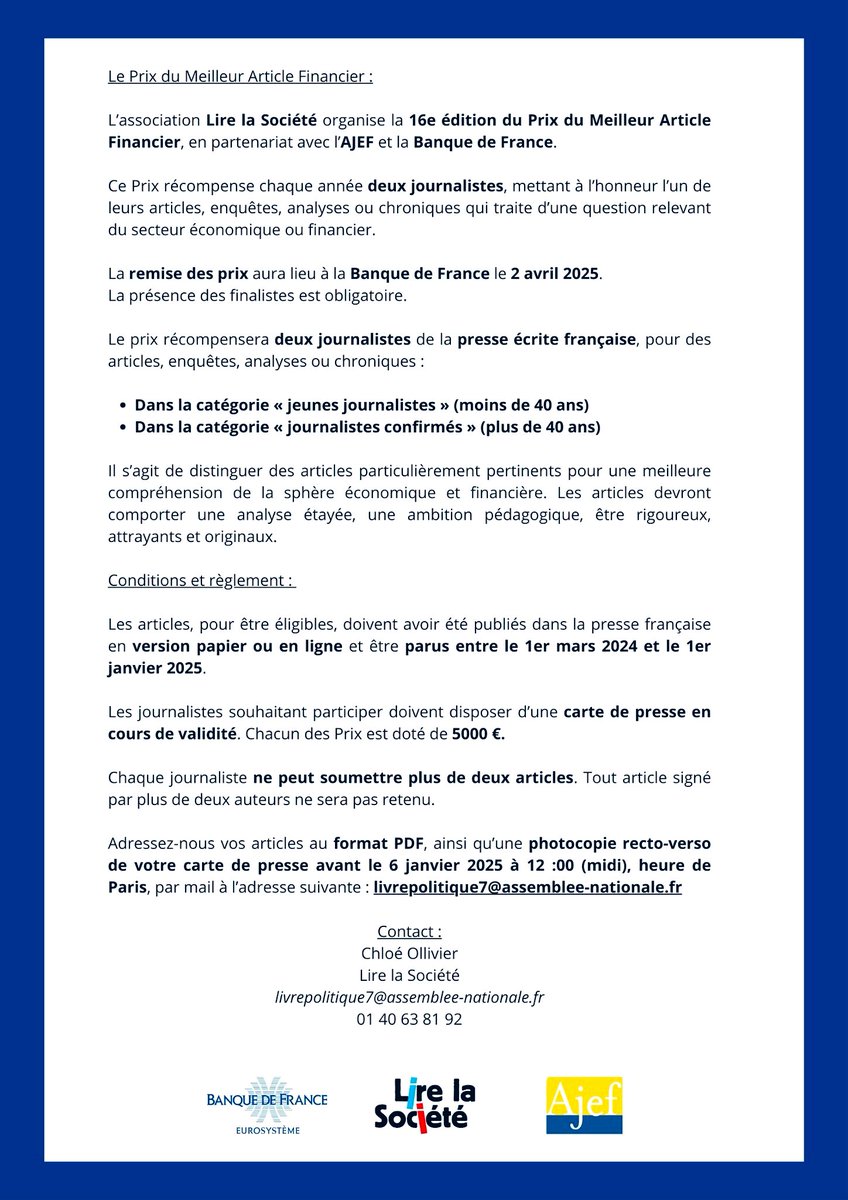 Fabrice Hermel (@fabricehermel) on Twitter photo Appel à candidatures pour le Prix du Meilleur Article Financier 2025
Envoyez-nous vos articles en PDF + photocopie de votre carte de presse avant le 6 janvier 2025 à midi, par mail à : livrepolitique7@assemblee-nationale.fr
#Concours #presse #economie #finance Appel à candidatures pour le Prix du Meilleur Article Financier 2025
Envoyez-nous vos articles en PDF + photocopie de votre carte de presse avant le 6 janvier 2025 à midi, par mail à : livrepolitique7@assemblee-nationale.fr
#Concours #presse #economie #finance
