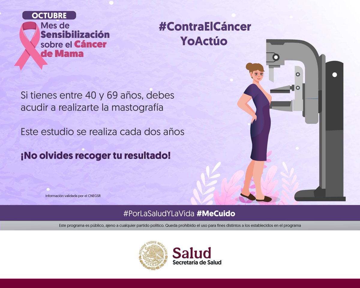 SSalud_mx's tweet image. Octubre I Mes de la Sensibilización sobre el #CáncerDeMama 🩺

Recuerda que a partir de los 40 años, debes realizarte la mastografía.

¡Acude a una Unidad Médica! 🏥  ➡️ bit.ly/3UqMbMY

#Observo #Toco #Siento 👁 🖐🏼 🤲🏼

#ContraElCáncerDeMamaYoActúo #PorLaSaludYLaVida