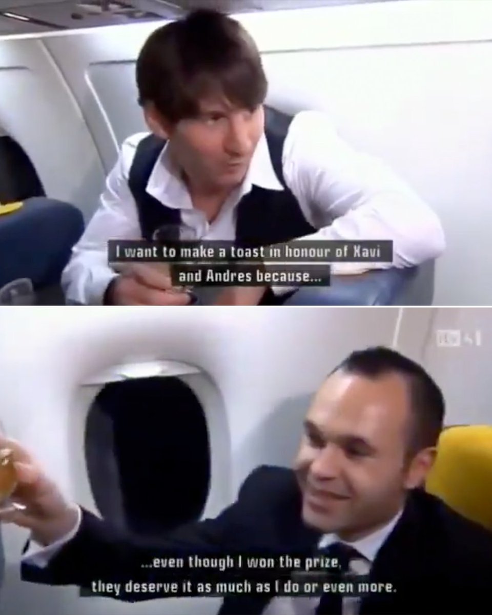 When Leo Messi made a toast to his two Barcelona teammates, Andres Iniesta and Xavi Hernandez after winning the Ballon d'Or ahead of them in 2010 ❤️💙

Brothers!