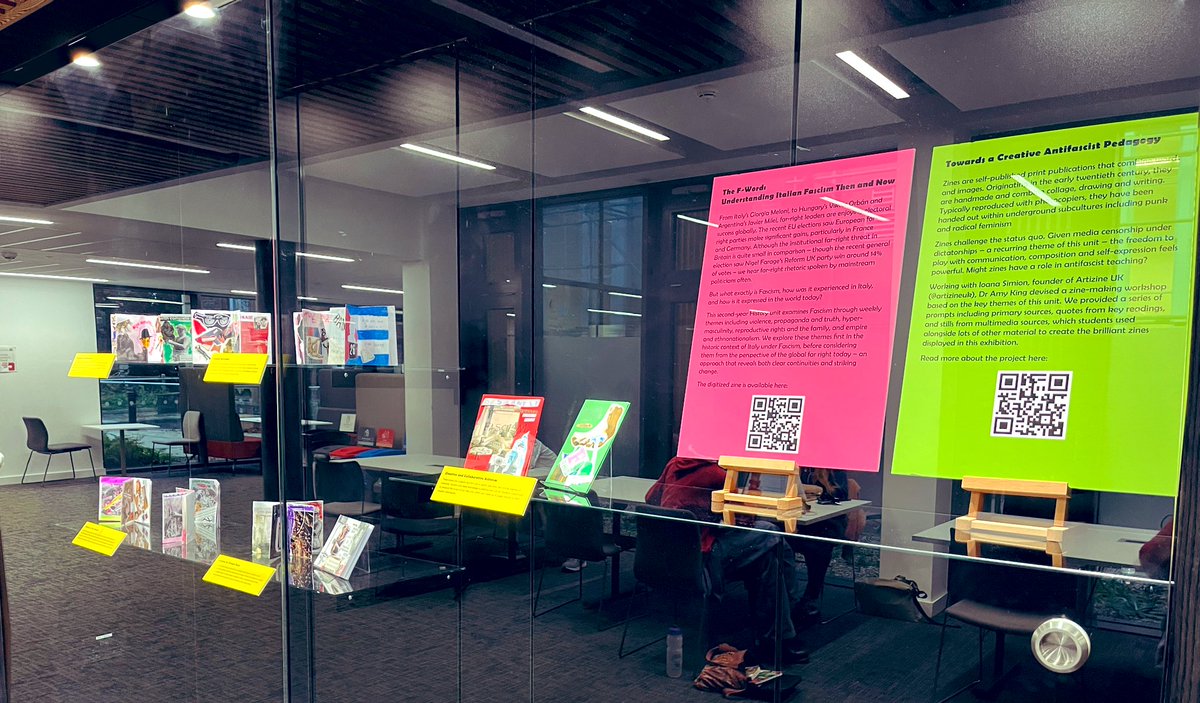 Bristol staff and students! If you’re passing through Woodland Road, please stop by and see the exhibition of my students’ antifascist zines in the Humanities building. They’re 🔥