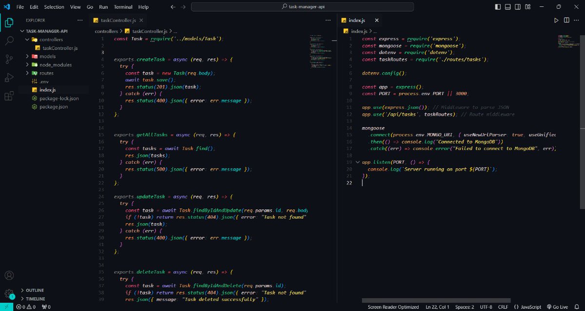 iadii_'s tweet photo. #Day14 #LearningInPublic 
Built a Task Manager API with Node.js, Express, &amp; MongoDB! 🚀 Learned CRUD operations, Mongoose modeling, and querying basics—nothing beats hands-on experience! 💻 #NodeJS #MongoDB #100DaysOfCode #WebDev https://t.co/bVYGk6Tr68