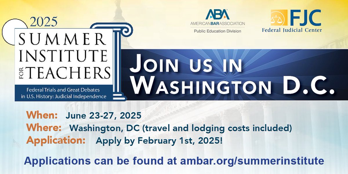 Applications are open for the annual summer teachers institute <a href="/FedJudicialHist/">Fed. Judicial Hist.</a>. Apply again or for the first time, we can't wait to meet you! ambar.org/skw5e4w5