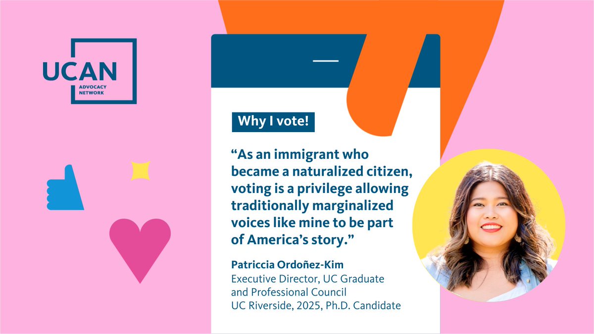 UCAdvocacy (@ucadvocacy) on Twitter photo Election Day is one week from today! For <a href="/patpercent/">Pat Ordoñez-Kim</a>, @UCGPC executive director and Ph.D. candidate at <a href="/UCRiverside/">UC Riverside</a>, voting is a privilege. Read her full reason below and then share why voting is important to you ➡️ bit.ly/3TqJqL5
#Wh️yWeVote #UCVotes #GetOutTheVote Election Day is one week from today! For <a href="/patpercent/">Pat Ordoñez-Kim</a>, @UCGPC executive director and Ph.D. candidate at <a href="/UCRiverside/">UC Riverside</a>, voting is a privilege. Read her full reason below and then share why voting is important to you ➡️ bit.ly/3TqJqL5
#Wh️yWeVote #UCVotes #GetOutTheVote