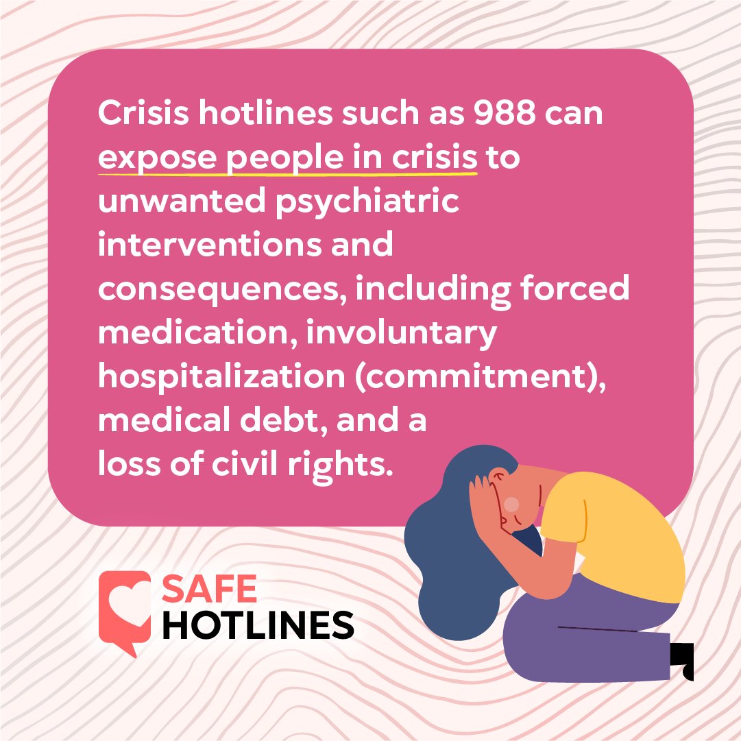 Crisis hotlines like 988 can expose people in crisis to harmful interventions like forced meds &amp; involuntary commitment. Our new report outlines these issues and calls for a support system centered on consent, transparency &amp; individual agency. 📥translifeline.org/988-report
